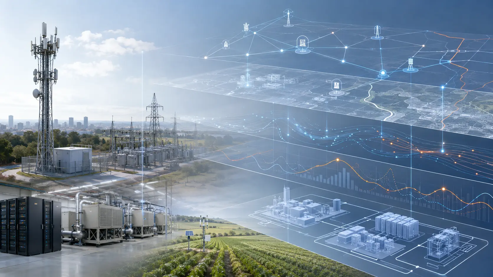 Physical infrastructure connected to operational and predictive Digital Twin layers