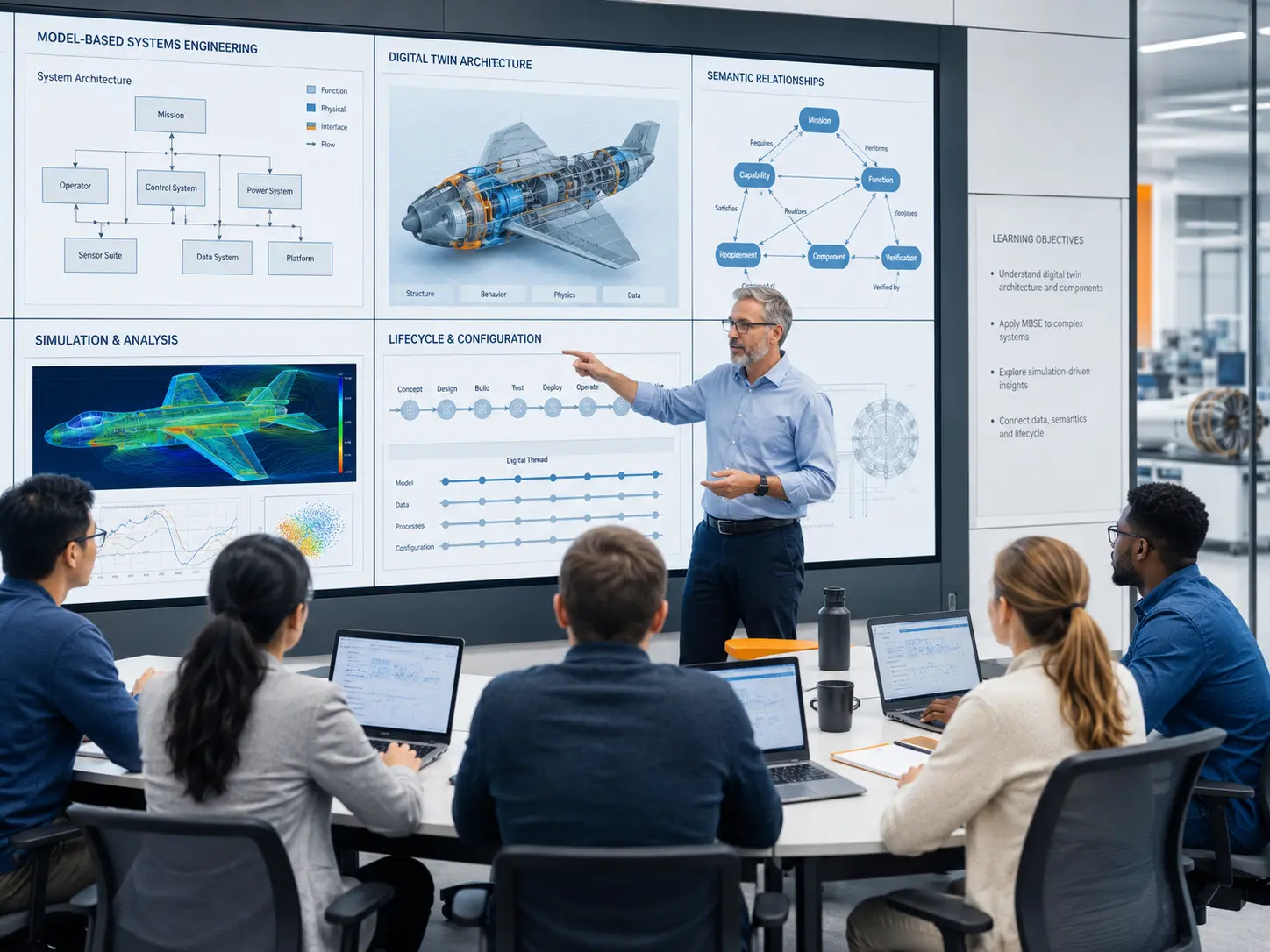 Digital Twin Academy workshop covering MBSE, semantic relationships, simulation, digital thread and lifecycle configuration