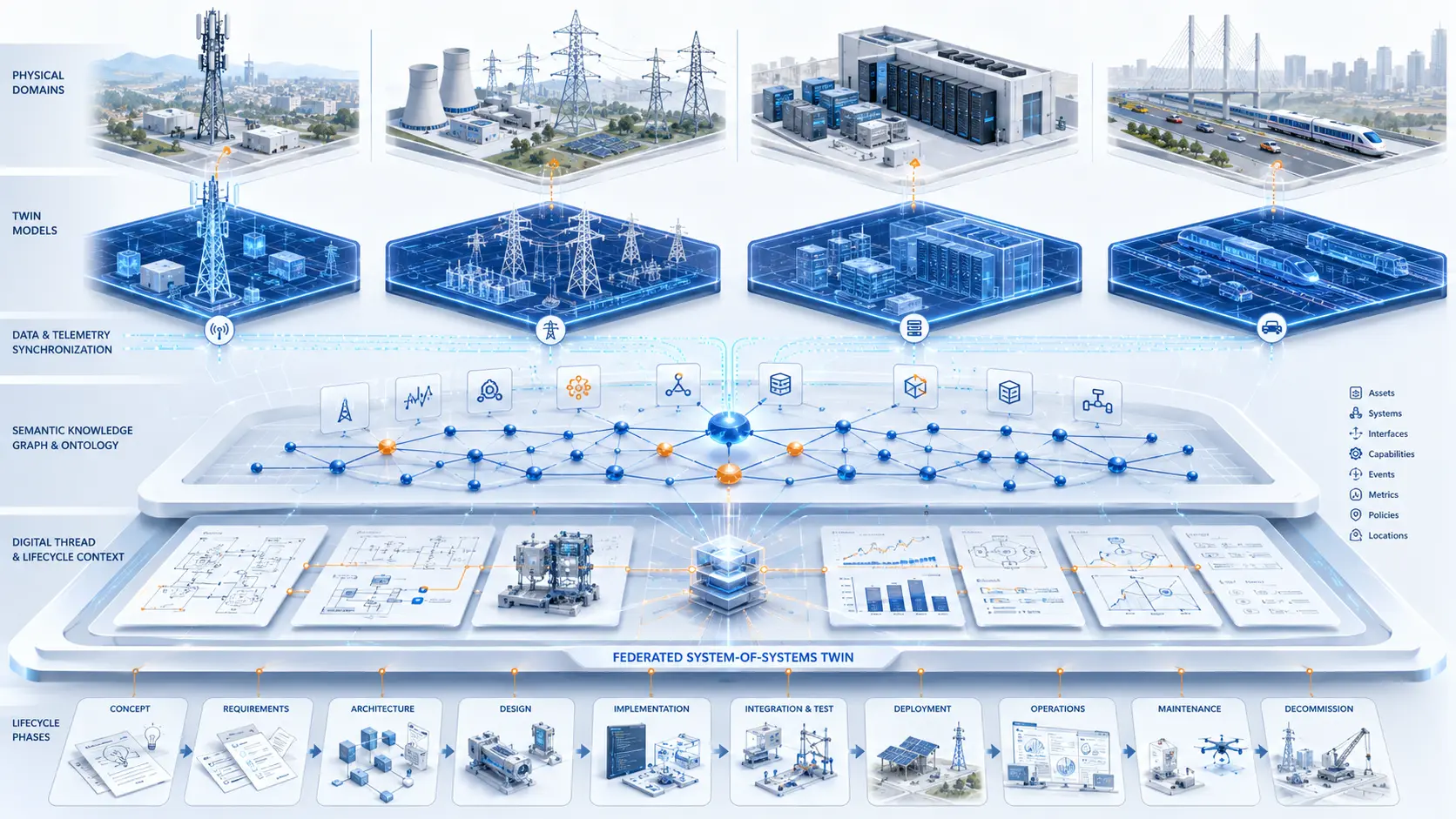 Federated Digital Twin architecture connecting physical domains, telemetry, semantic knowledge graph and lifecycle digital thread