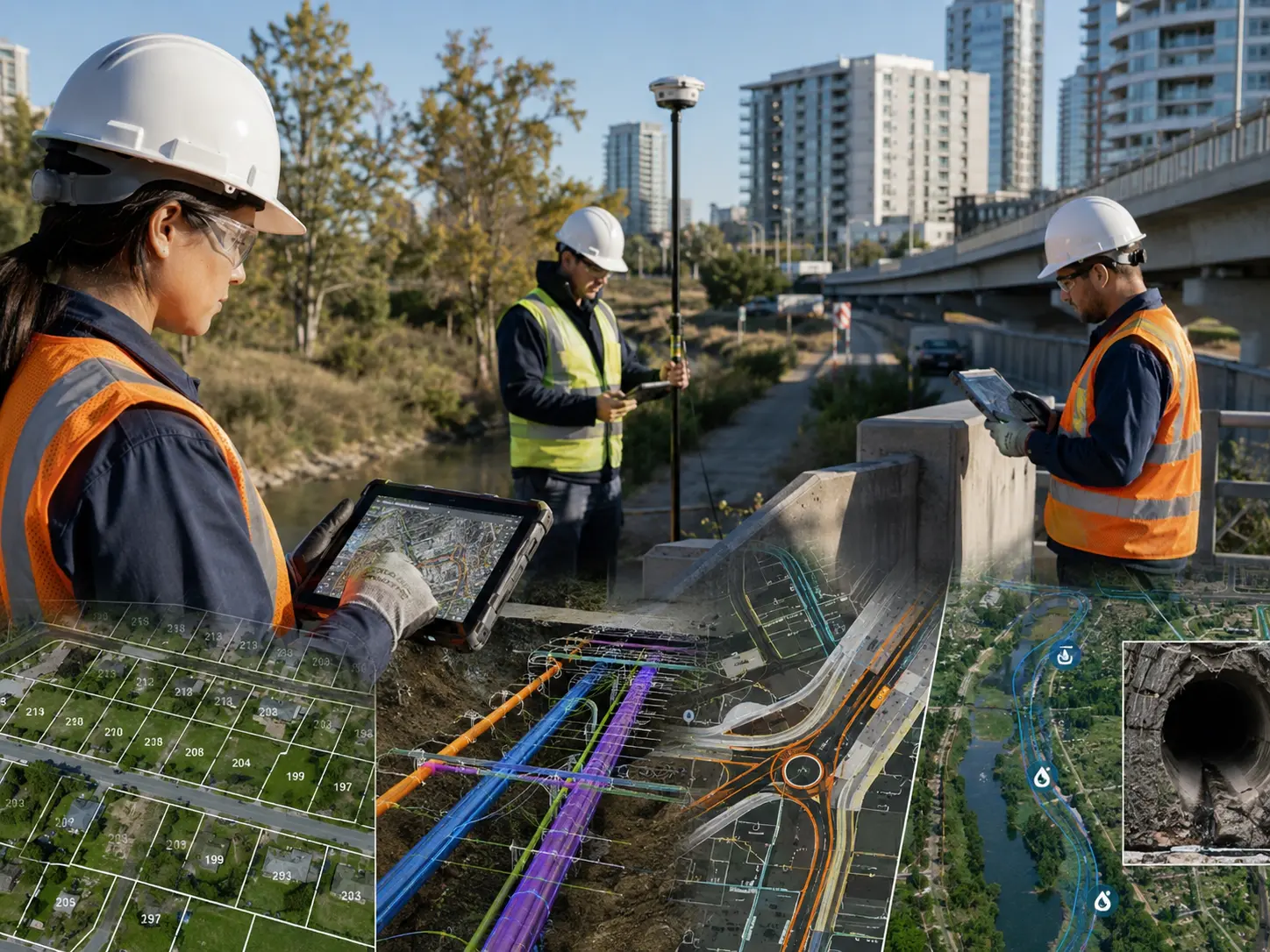 GIS field team using GNSS and mobile workflows across parcels, utilities, transportation and environmental assets