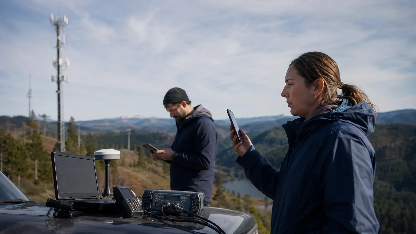 Engineers validating satellite-to-device messaging and hybrid network behavior in a remote field environment