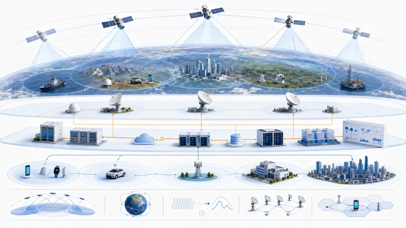 NTN service architecture connecting satellite payloads, gateways, 5G core, terrestrial networks and direct-to-device endpoints